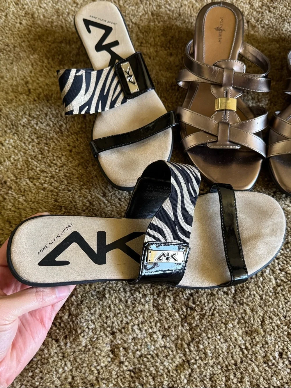 Black + brown Anne Klein Sport heel sandals and gold Jaclyn Smith heel sandals